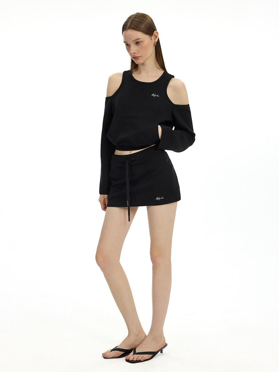 AFTADAWN Oversized Shoulder Cutout Hoodie Bodycon Skirt Set