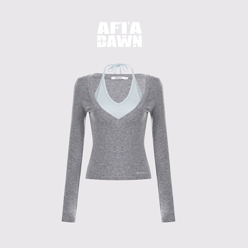 AFTADAWN_Patchwork_Faux_Layered_V-neck_Halter_Women&