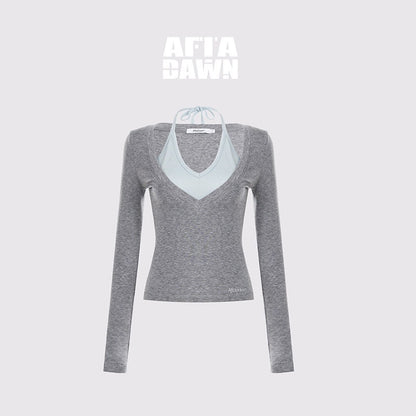 AFTADAWN_Patchwork_Faux_Layered_V-neck_Halter_Women&