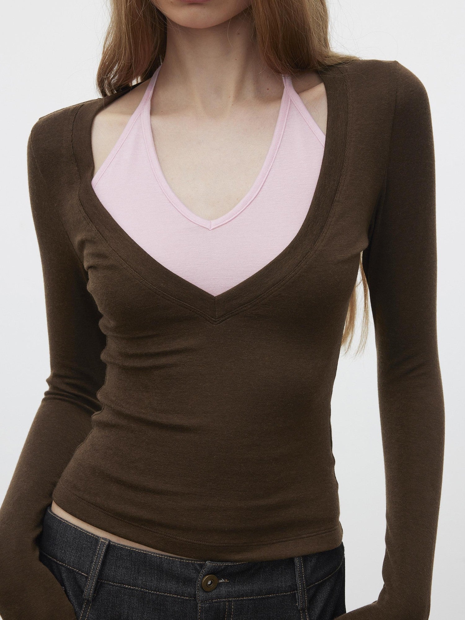 AFTADAWN Patchwork Faux Layered V-neck Halter Women&