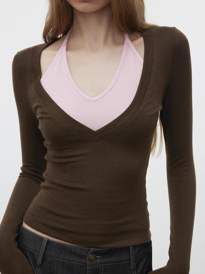 AFTADAWN Patchwork Faux Layered V-neck Halter Women&