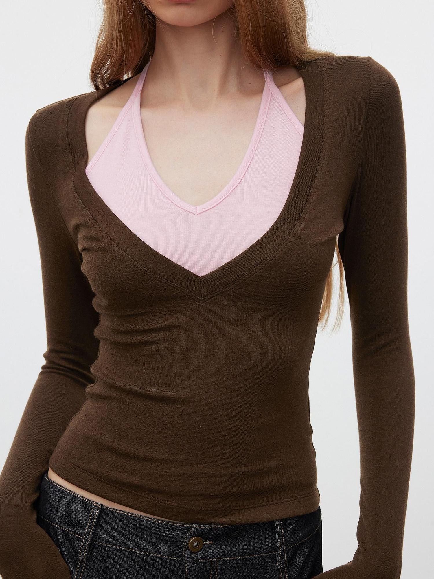 AFTADAWN Patchwork Faux Layered V-neck Halter Women&