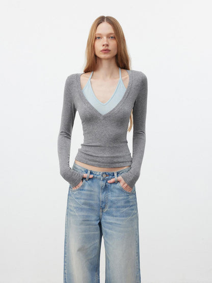 AFTADAWN Patchwork Faux Layered V-neck Halter Women&