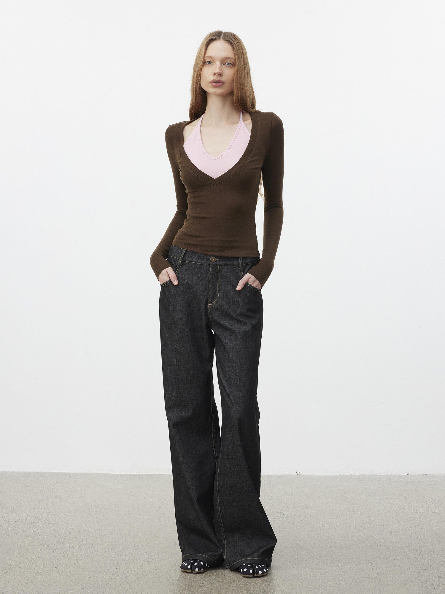 AFTADAWN Patchwork Faux Layered V-neck Halter Women&