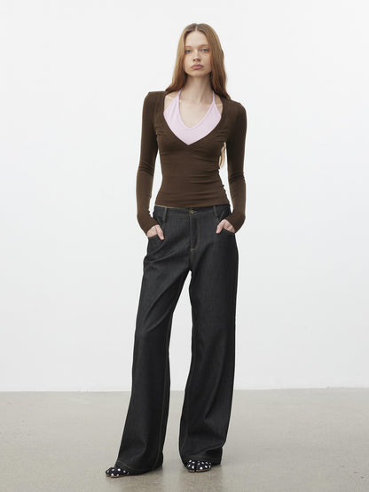 AFTADAWN Patchwork Faux Layered V-neck Halter Women&
