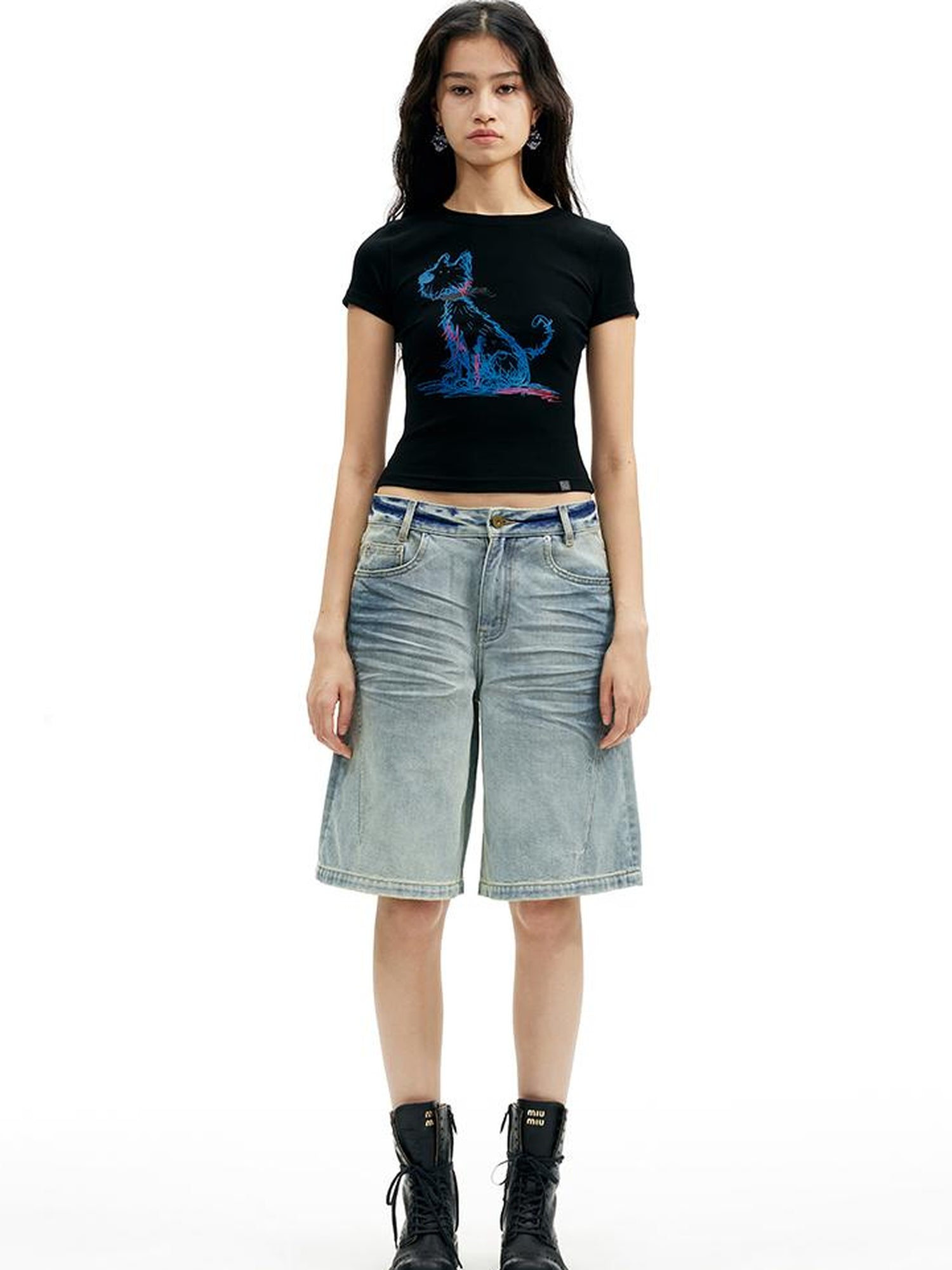 AFTADAWN Pet Print Fitted Crop Tee