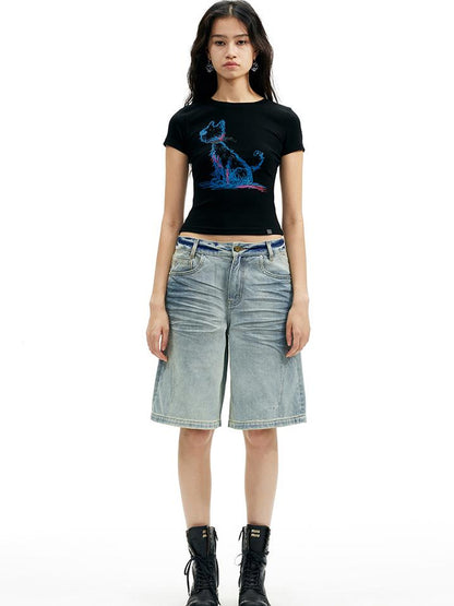AFTADAWN Pet Print Fitted Crop Tee