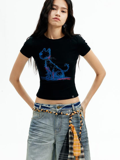 AFTADAWN Pet Print Fitted Crop Tee