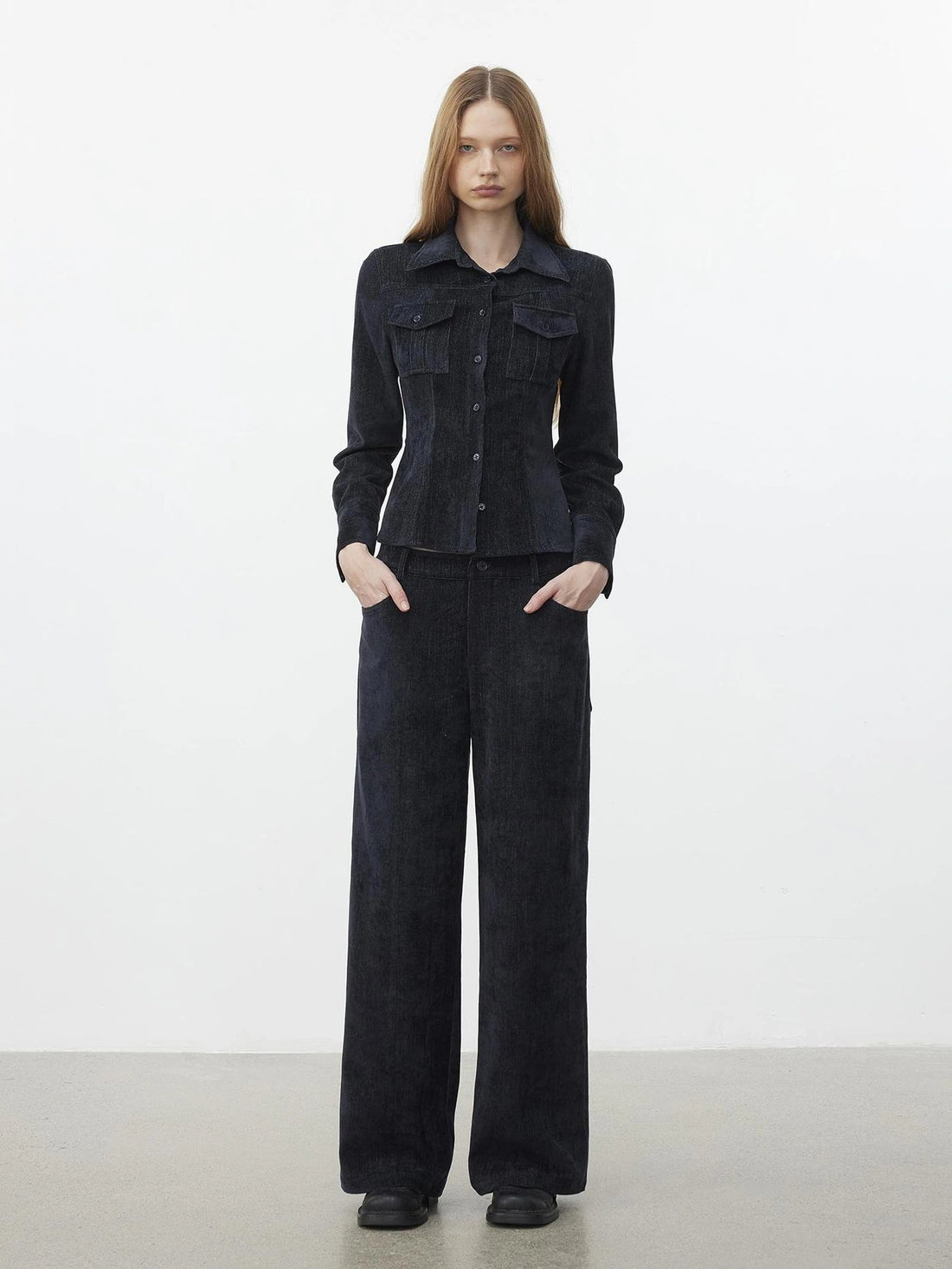 AFTADAWN Pile Velour Chenille Ribbed Shirt Flowy Trousers Set Suits