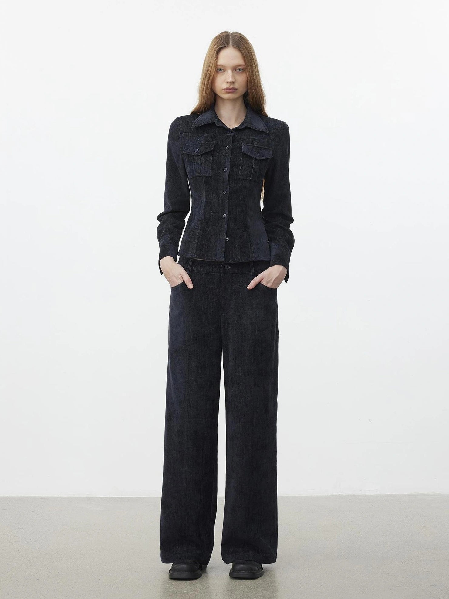 AFTADAWN Pile Velour Chenille Ribbed Shirt Flowy Trousers Set Suits