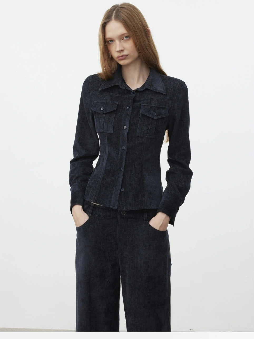 AFTADAWN Pile Velour Chenille Ribbed Shirt Flowy Trousers Set Suits