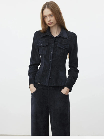 AFTADAWN Pile Velour Chenille Ribbed Shirt Flowy Trousers Set Suits