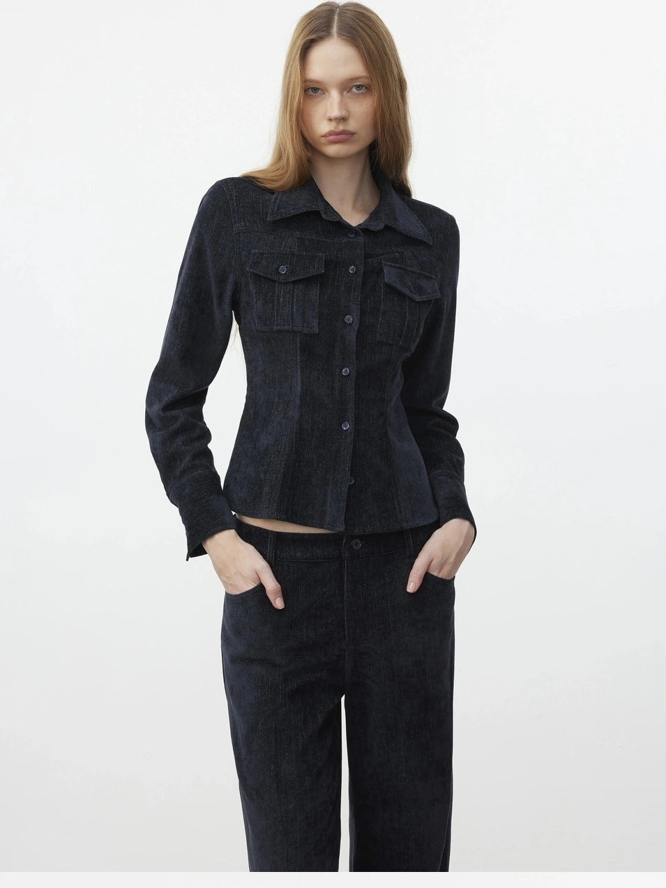 AFTADAWN Pile Velour Chenille Ribbed Shirt Flowy Trousers Set Suits