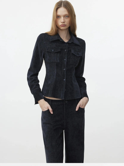 AFTADAWN Pile Velour Chenille Ribbed Shirt Flowy Trousers Set Suits