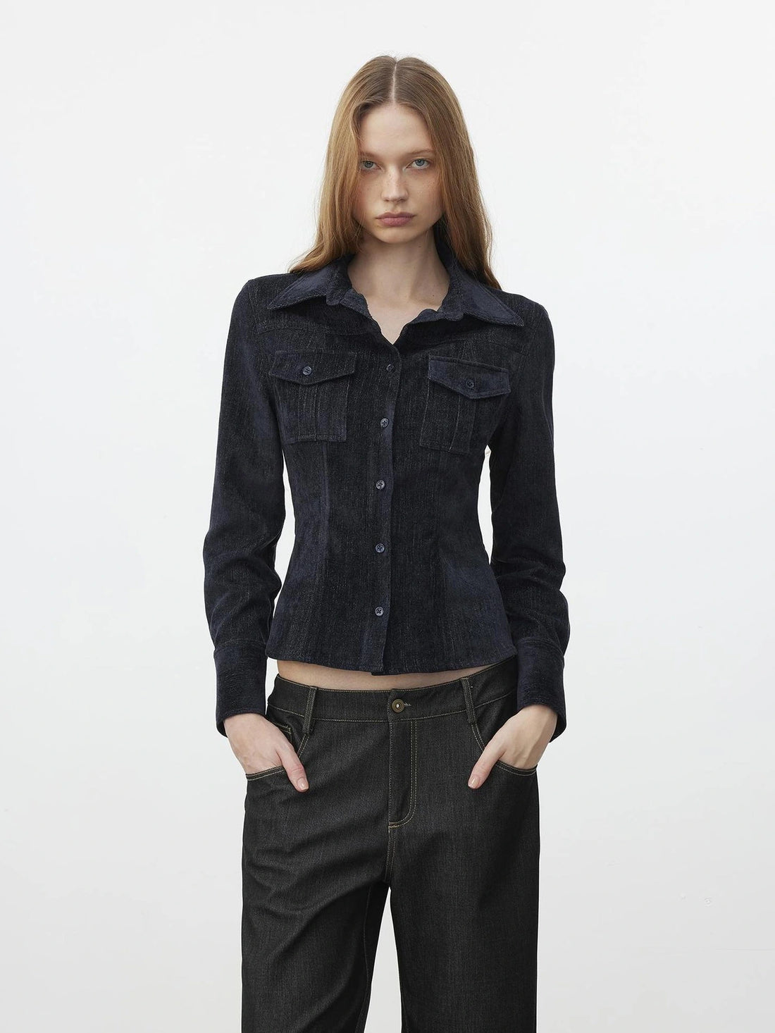 AFTADAWN Pile Velour Chenille Ribbed Shirt Flowy Trousers Set Suits