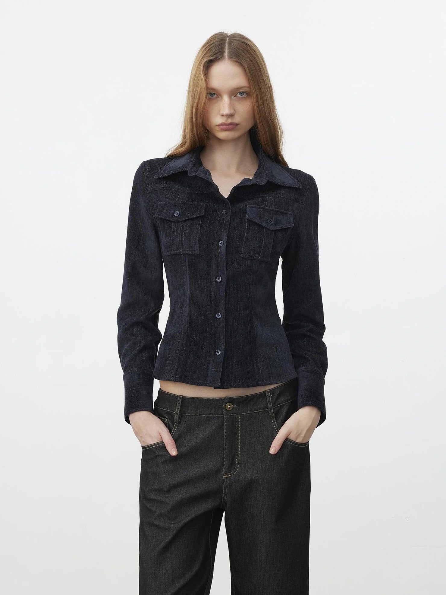 AFTADAWN Pile Velour Chenille Ribbed Shirt Flowy Trousers Set Suits