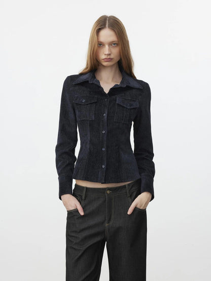 AFTADAWN Pile Velour Chenille Ribbed Shirt Flowy Trousers Set Suits