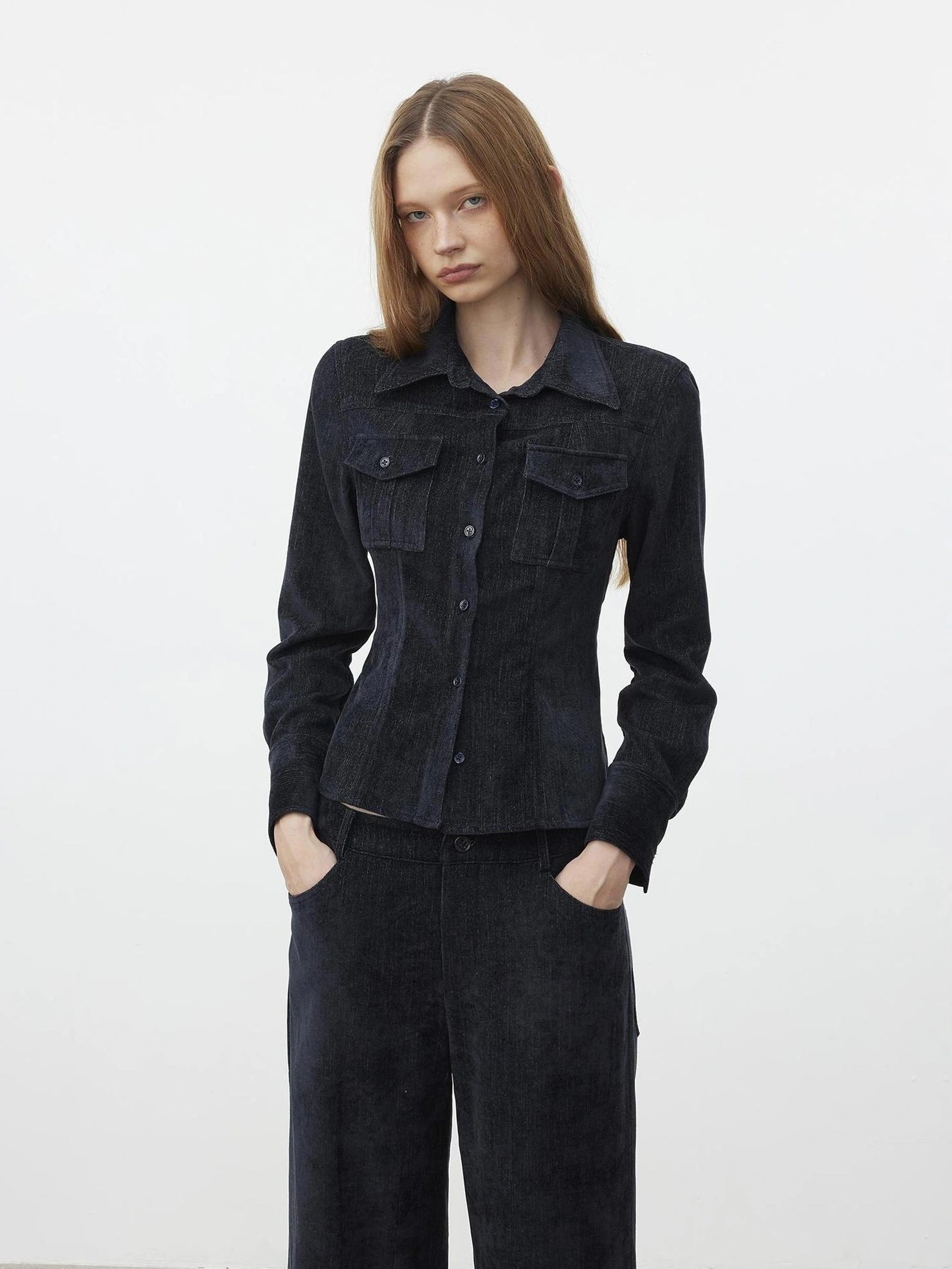 AFTADAWN Pile Velour Chenille Ribbed Shirt Flowy Trousers Set Suits