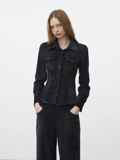 AFTADAWN Pile Velour Chenille Ribbed Shirt Flowy Trousers Set Suits