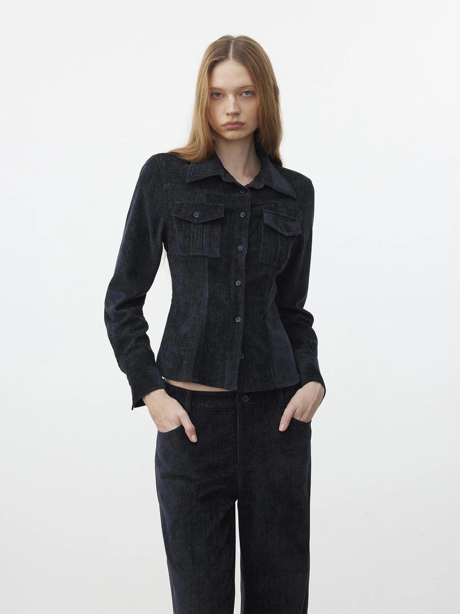 AFTADAWN Pile Velour Chenille Ribbed Shirt Flowy Trousers Set Suits