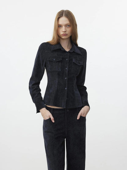 AFTADAWN Pile Velour Chenille Ribbed Shirt Flowy Trousers Set Suits