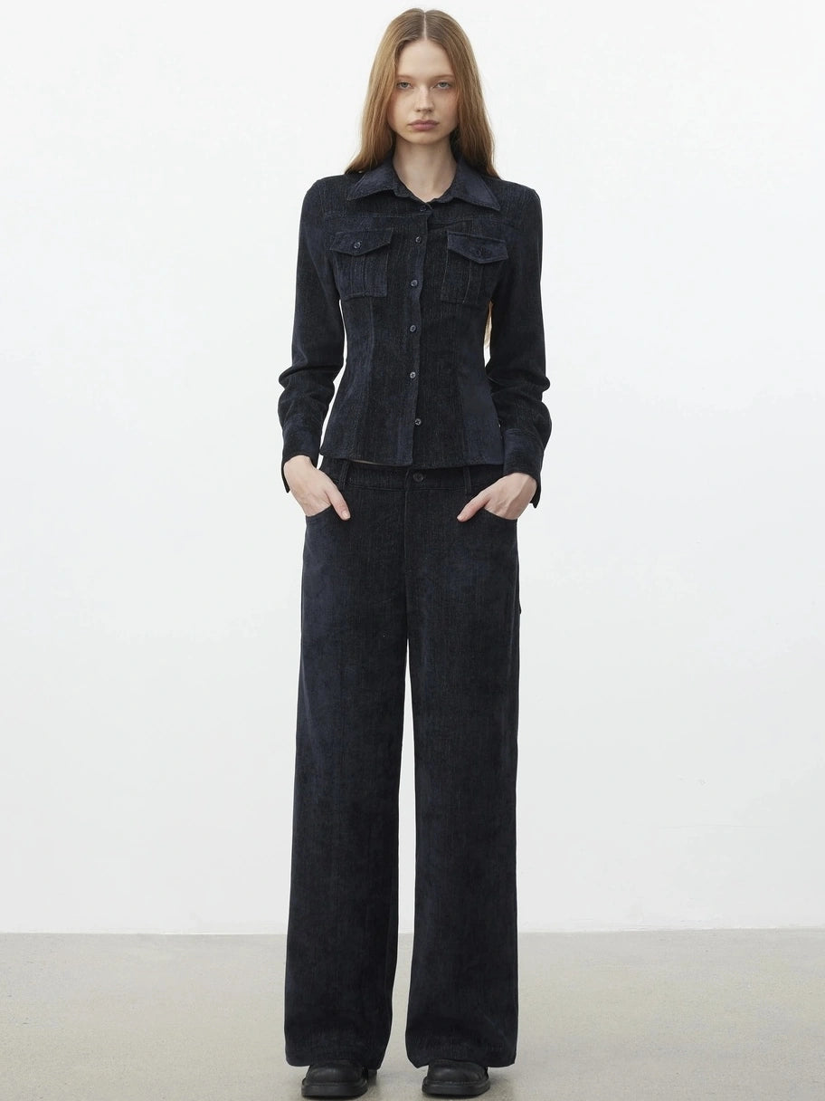 AFTADAWN Pile Velour Chenille Ribbed Shirt Flowy Trousers Set Suits