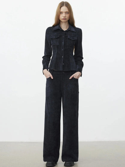 AFTADAWN Pile Velour Chenille Ribbed Shirt Flowy Trousers Set Suits