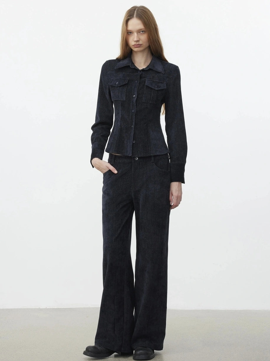 AFTADAWN Pile Velour Chenille Ribbed Shirt Flowy Trousers Set Suits