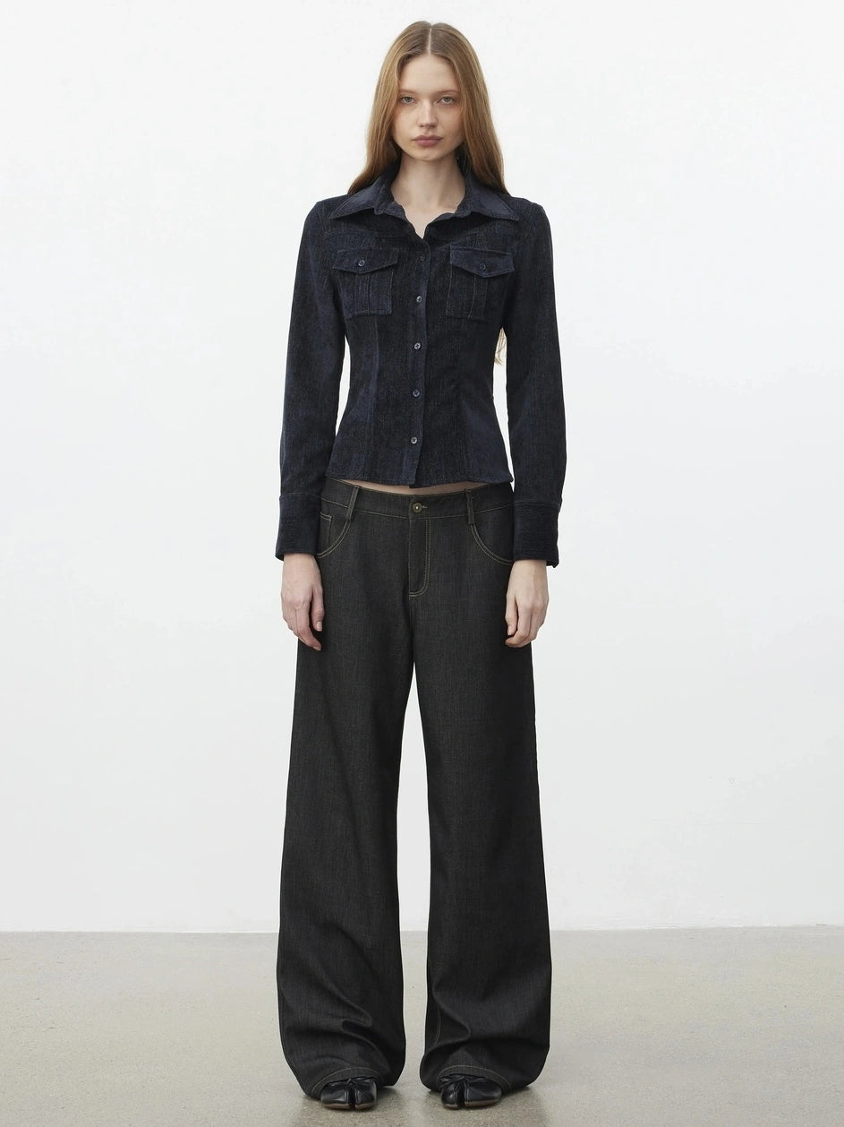 AFTADAWN Pile Velour Chenille Ribbed Shirt Flowy Trousers Set Suits
