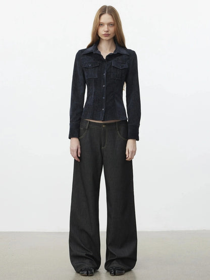 AFTADAWN Pile Velour Chenille Ribbed Shirt Flowy Trousers Set Suits