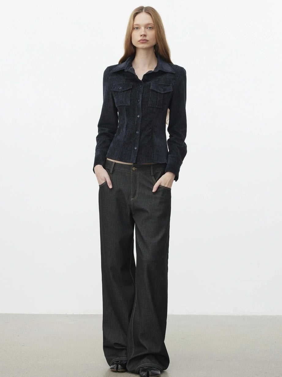 AFTADAWN Pile Velour Chenille Ribbed Shirt Flowy Trousers Set Suits