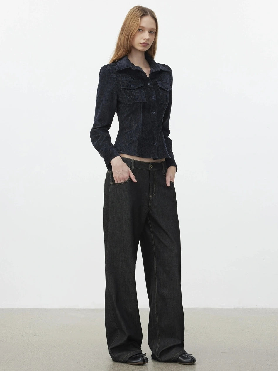 AFTADAWN Pile Velour Chenille Ribbed Shirt Flowy Trousers Set Suits