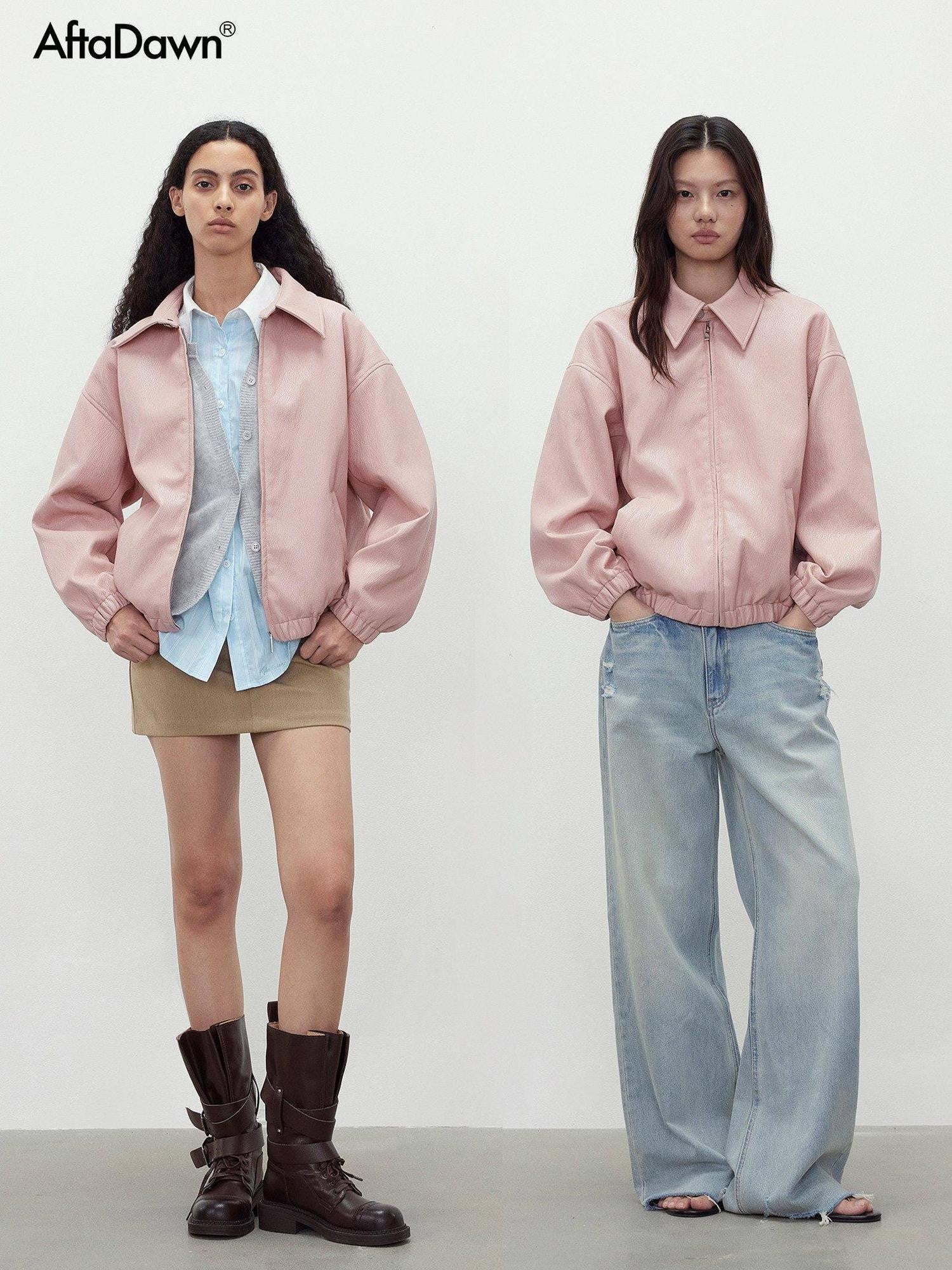 AFTADAWN Pink Wax Dye Oversized Drop Shoulder Collar Zip Front Women&