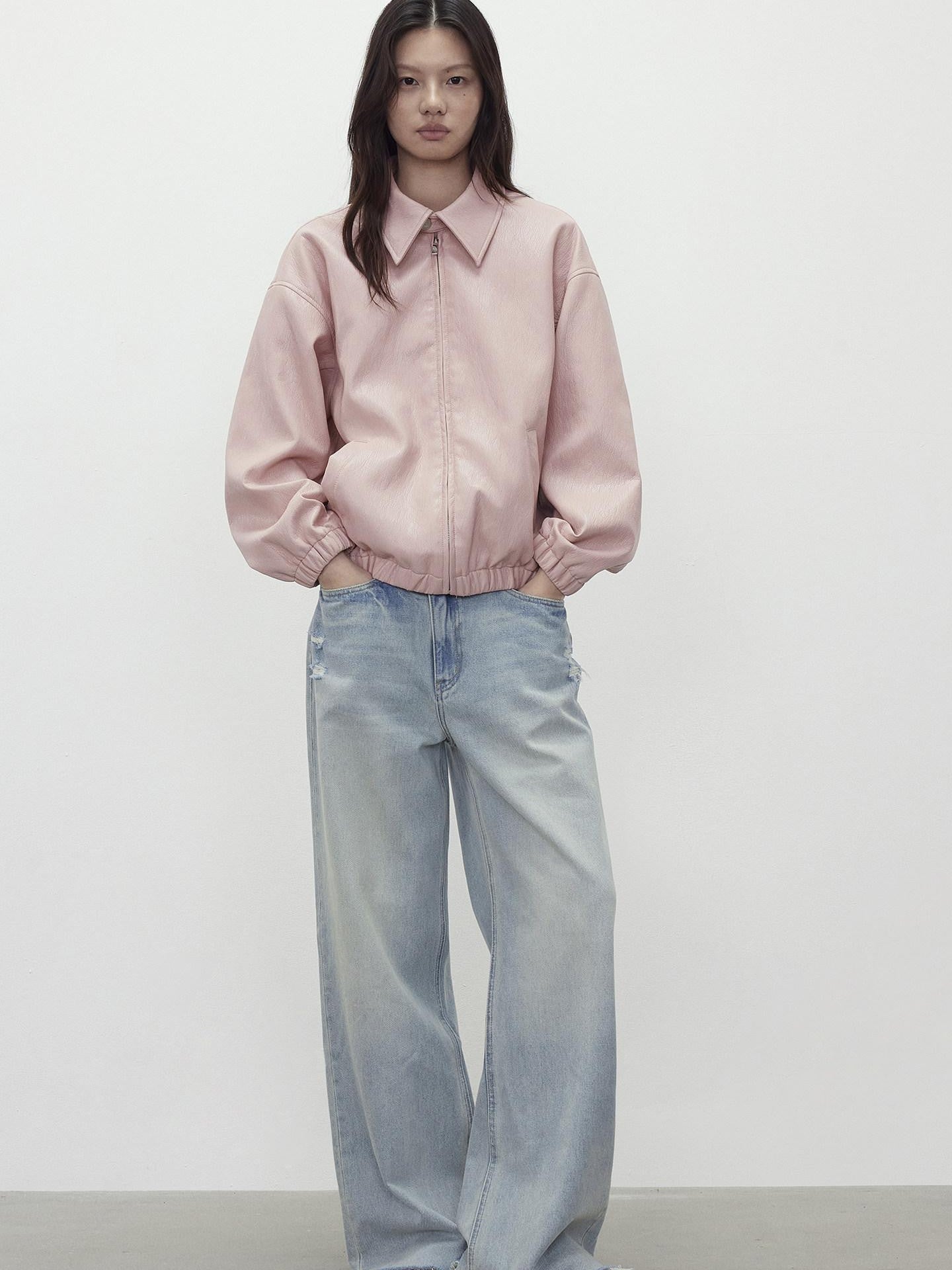 AFTADAWN Pink Wax Dye Oversized Drop Shoulder Collar Zip Front Women&