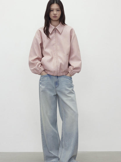 AFTADAWN Pink Wax Dye Oversized Drop Shoulder Collar Zip Front Women&