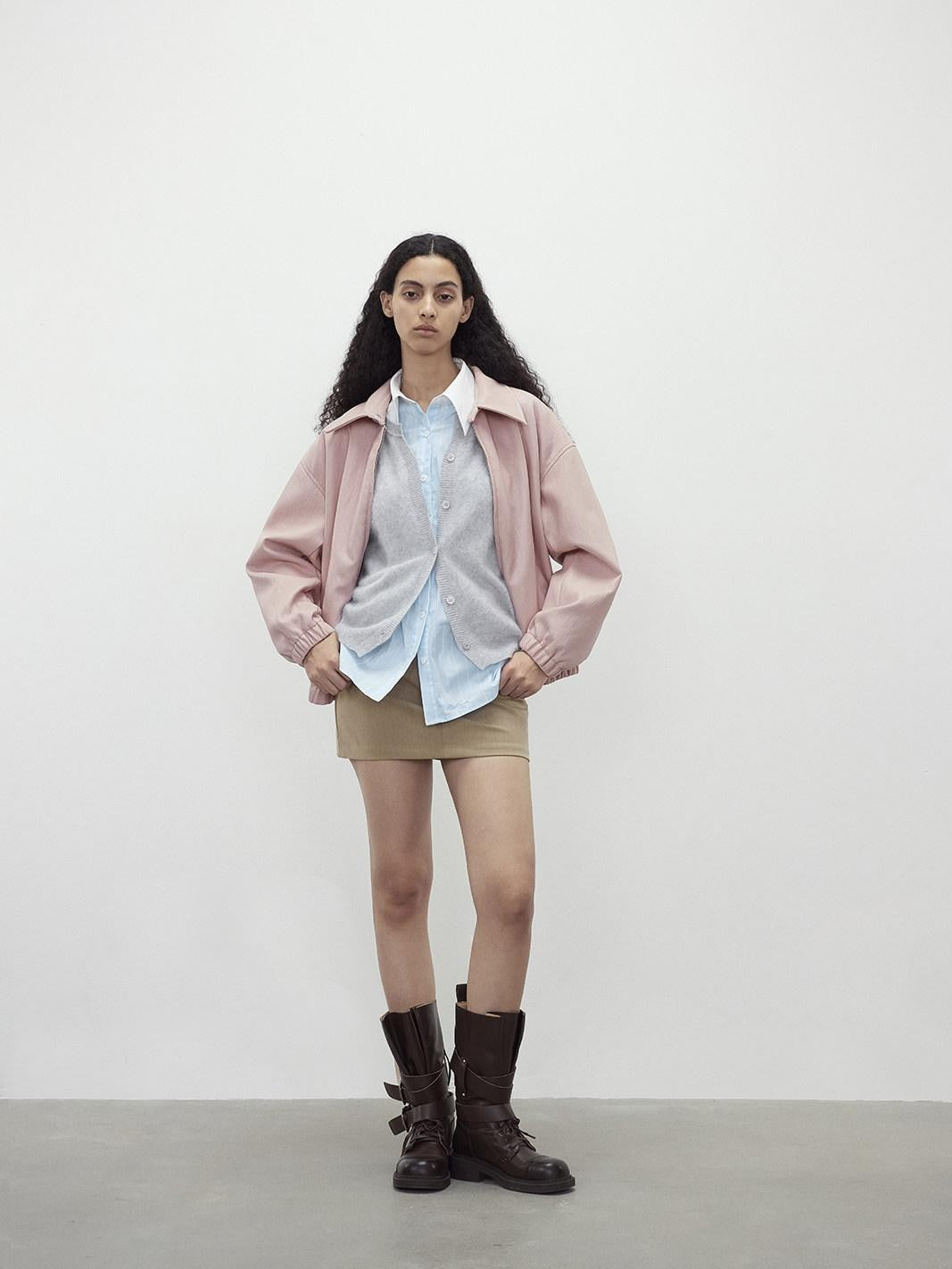 AFTADAWN Pink Wax Dye Oversized Drop Shoulder Collar Zip Front Women&
