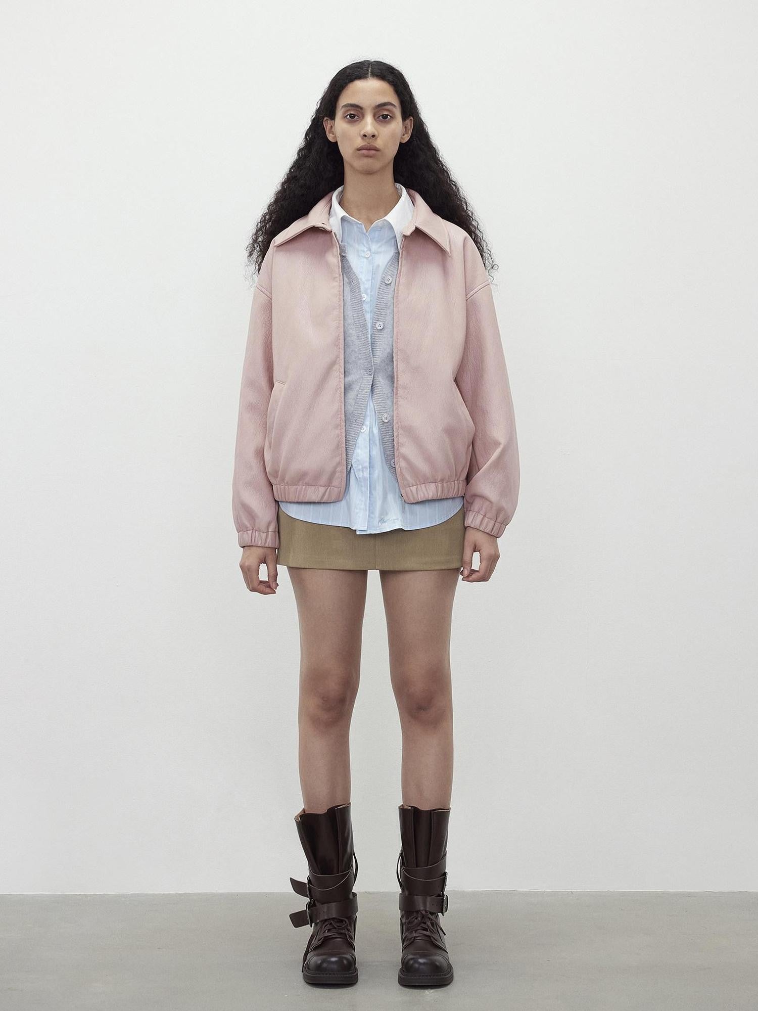 AFTADAWN Pink Wax Dye Oversized Drop Shoulder Collar Zip Front Women&