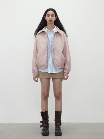 AFTADAWN Pink Wax Dye Oversized Drop Shoulder Collar Zip Front Women&