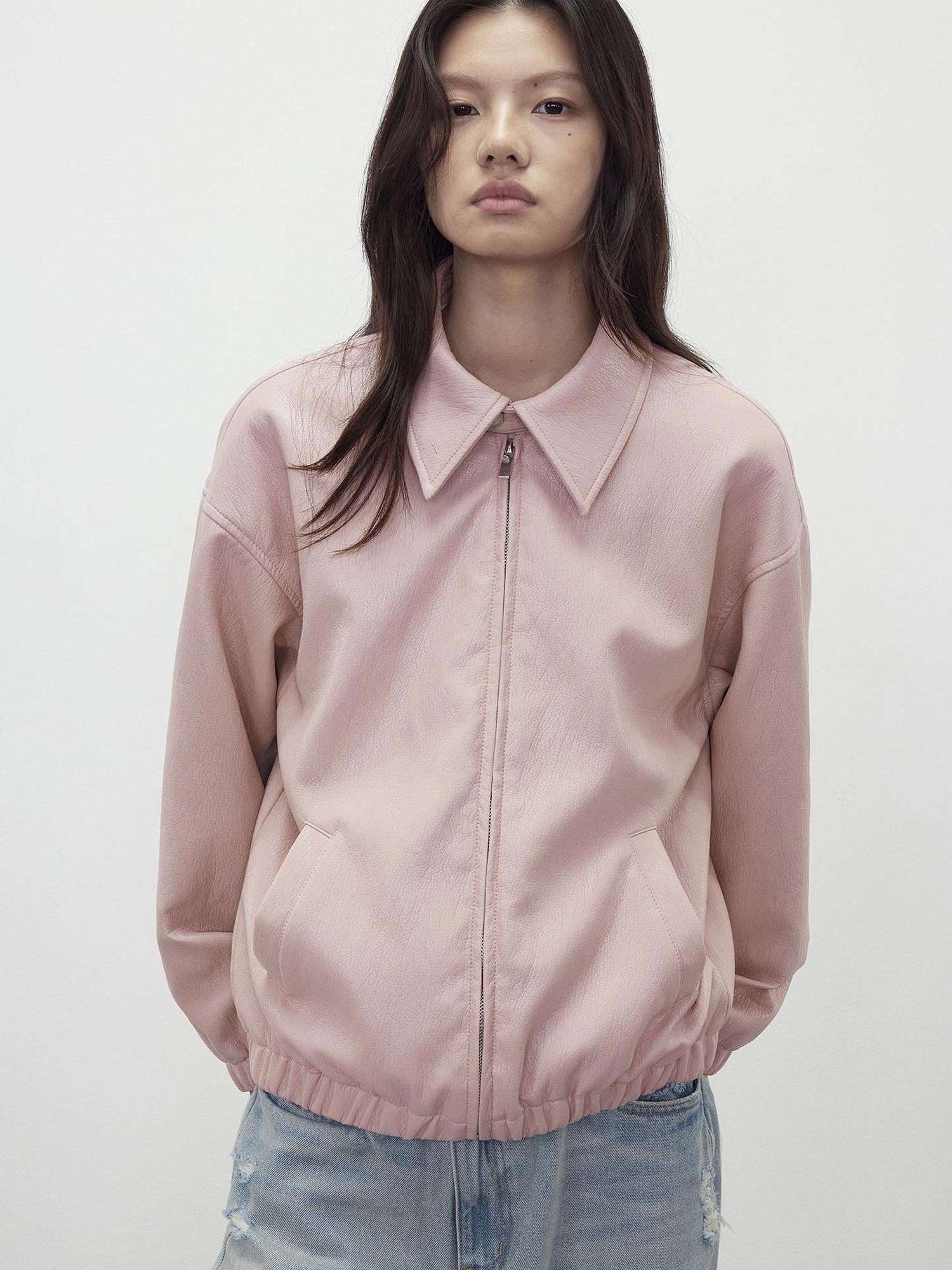 AFTADAWN Pink Wax Dye Oversized Drop Shoulder Collar Zip Front Women&