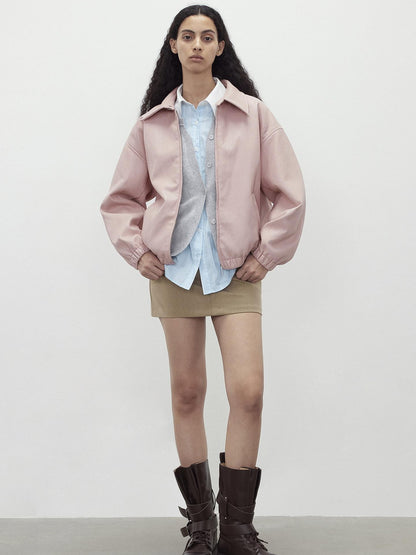 AFTADAWN Pink Wax Dye Oversized Drop Shoulder Collar Zip Front Women&