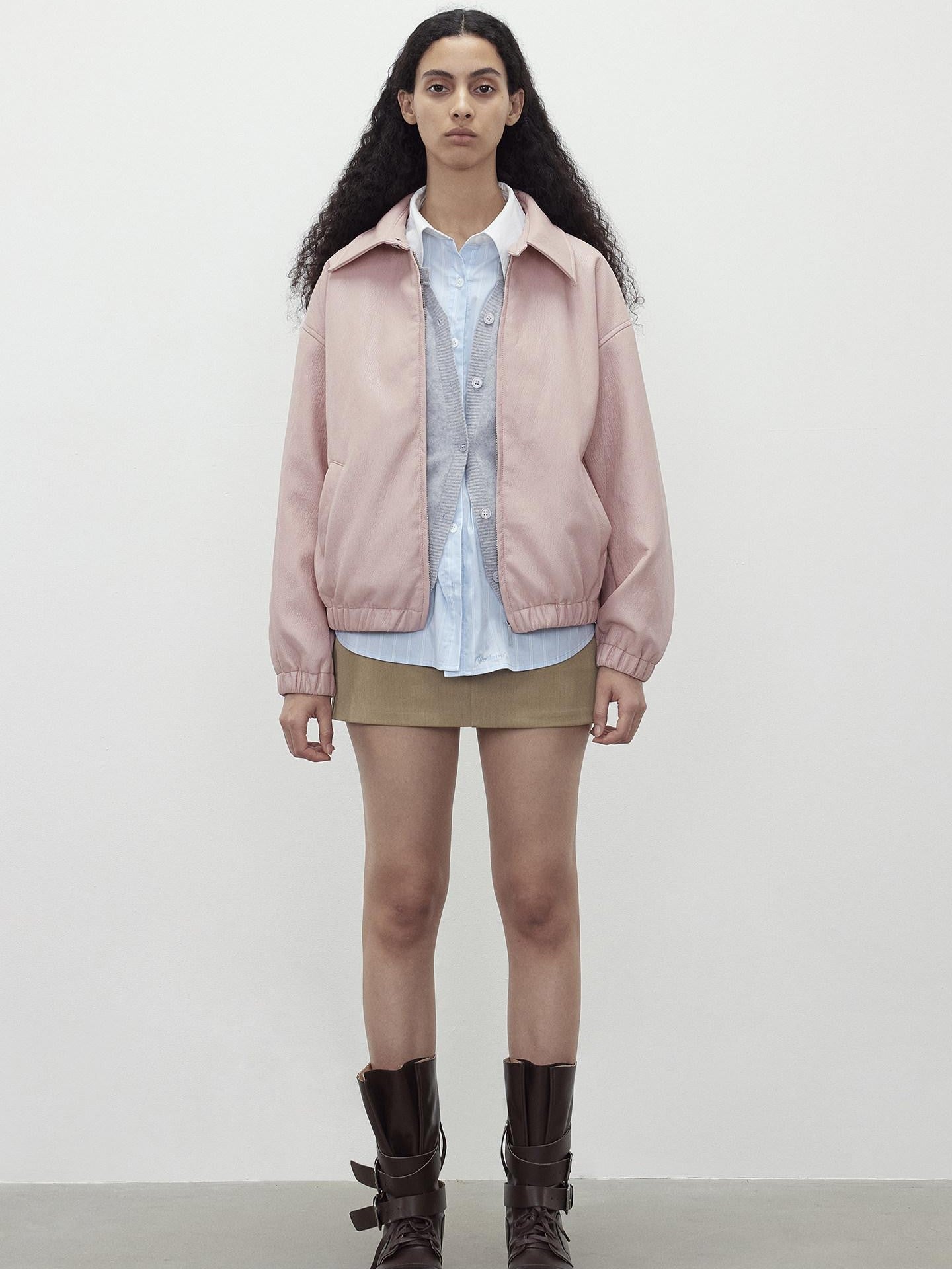 AFTADAWN Pink Wax Dye Oversized Drop Shoulder Collar Zip Front Women&