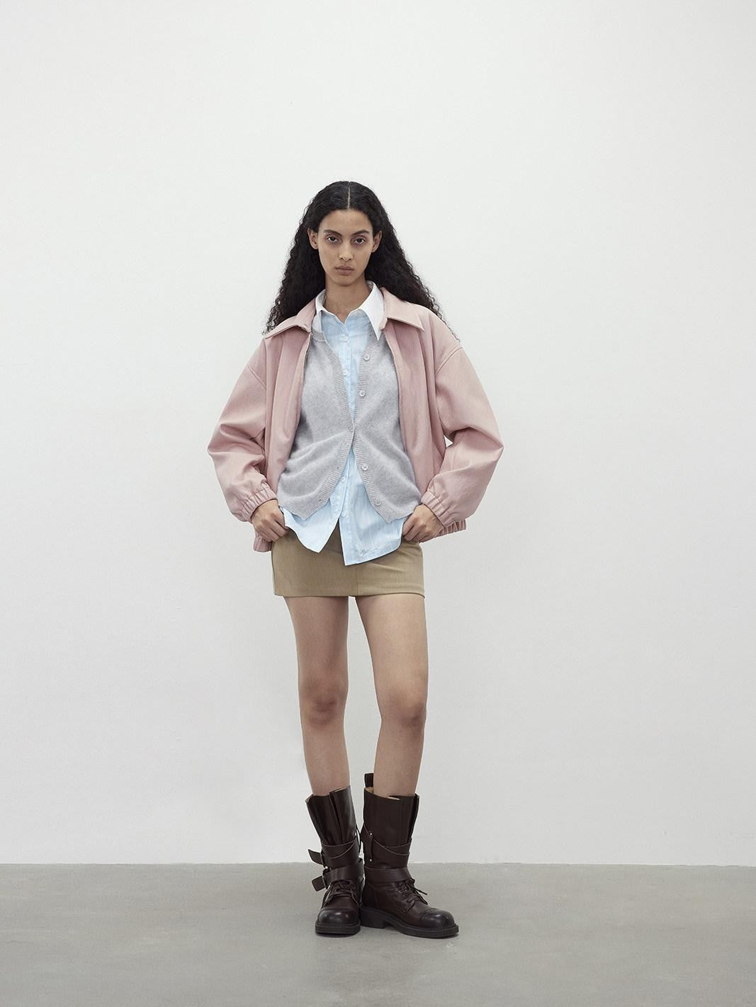 AFTADAWN Pink Wax Dye Oversized Drop Shoulder Collar Zip Front Women&