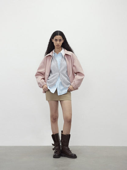 AFTADAWN Pink Wax Dye Oversized Drop Shoulder Collar Zip Front Women&
