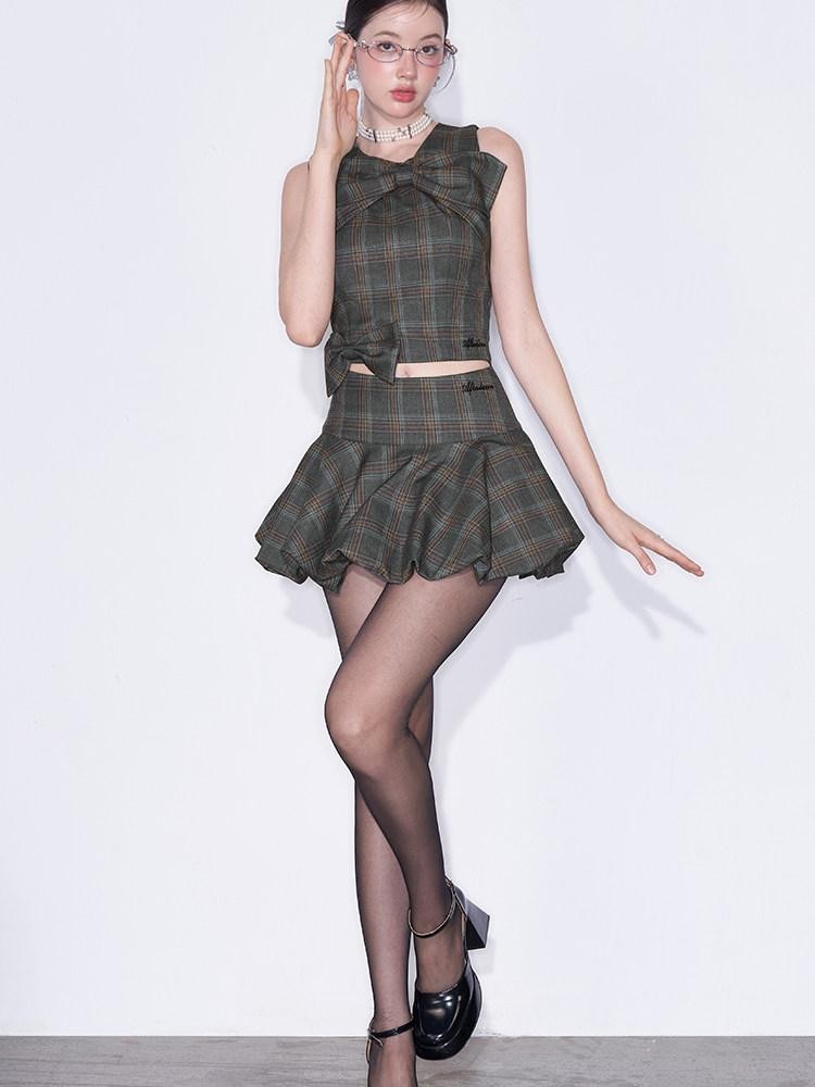 AFTADAWN Plaid 3d Bow Strappy Crop Tulip Skirt Slim Women&