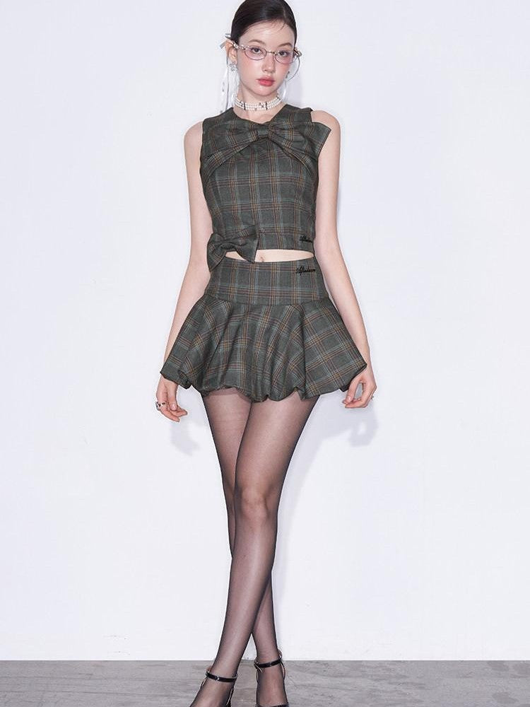 AFTADAWN Plaid 3d Bow Strappy Crop Tulip Skirt Slim Women&
