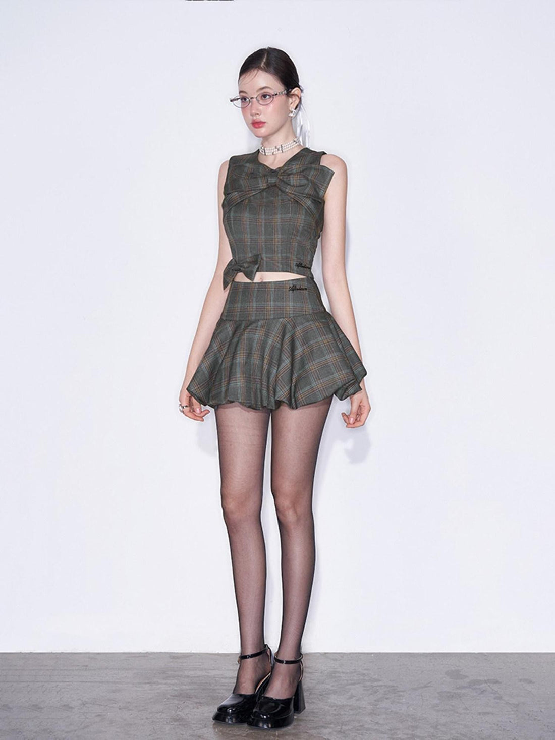 AFTADAWN Plaid 3d Bow Strappy Crop Tulip Skirt Slim Women&
