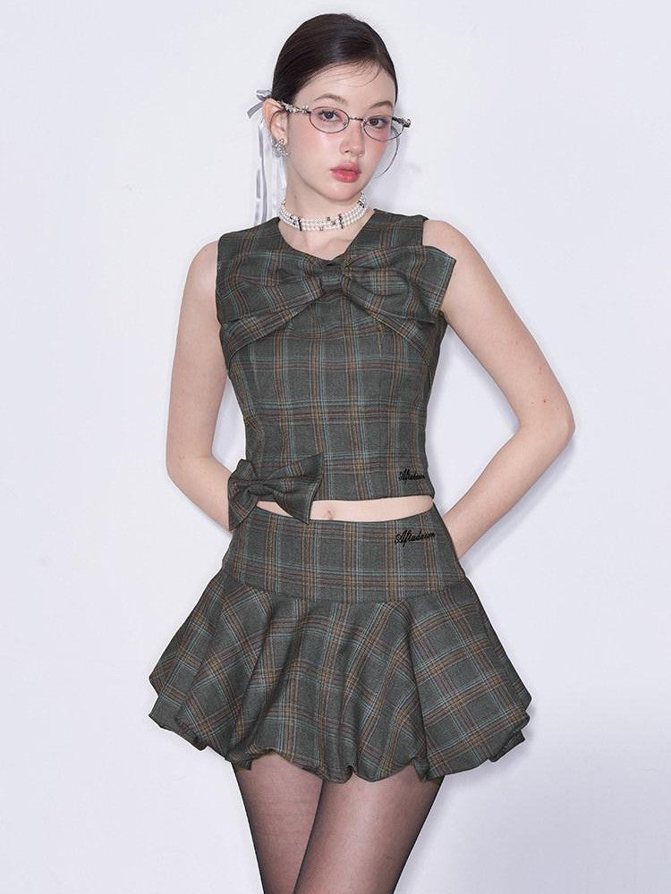 AFTADAWN Plaid 3d Bow Strappy Crop Tulip Skirt Slim Women&