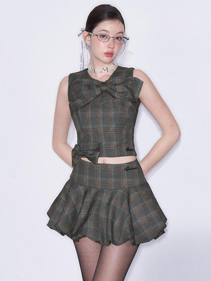 AFTADAWN Plaid 3d Bow Strappy Crop Tulip Skirt Slim Women&