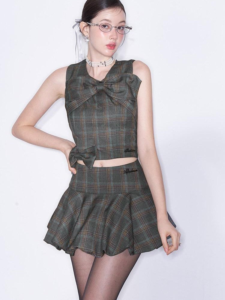 AFTADAWN Plaid 3d Bow Strappy Crop Tulip Skirt Slim Women&