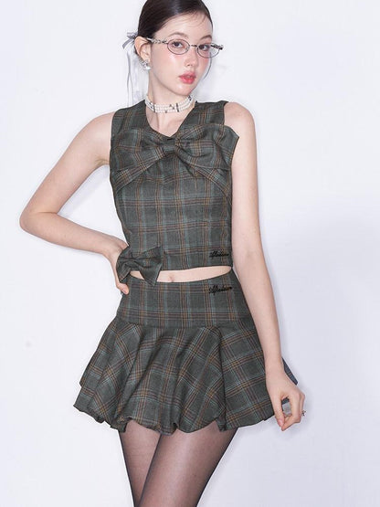 AFTADAWN Plaid 3d Bow Strappy Crop Tulip Skirt Slim Women&